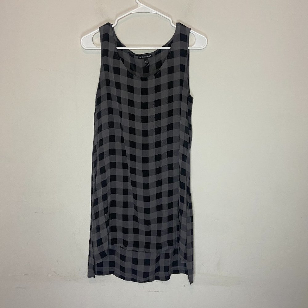 Eileen Fisher Tunic Tank Top Womens S Gray Black Silk Plaid Scoop Neck Blouse